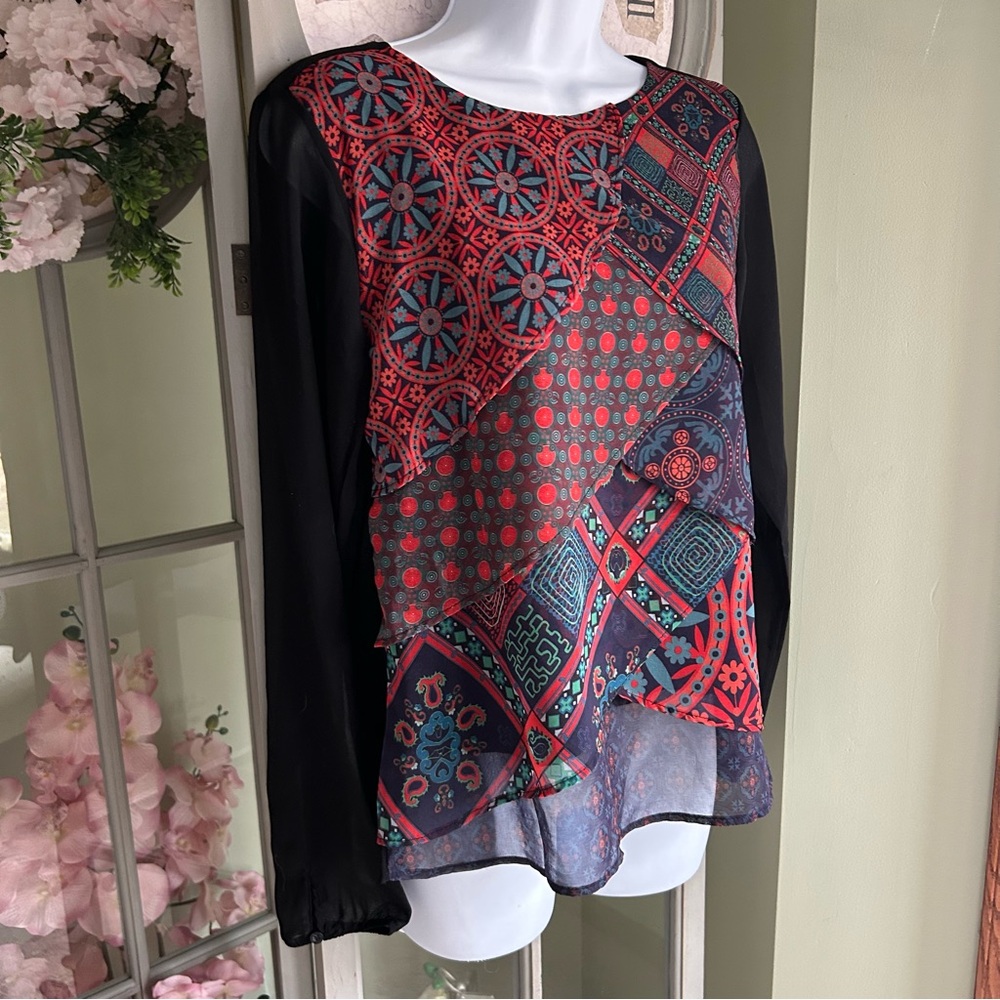 DESIGUAL Patchwork Flowy Blouse Top Tunic Layered Front Long Sleeve Size Small